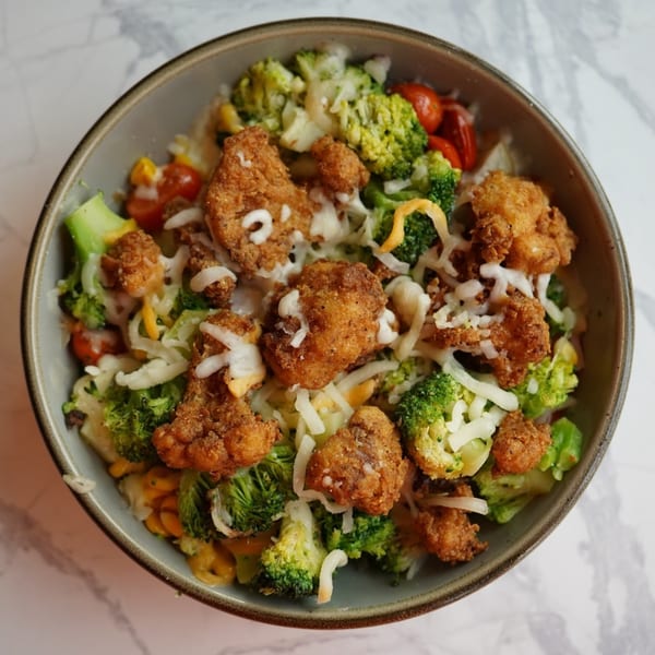 A Bel Aire Diner bowl with crispy fried chicken, broccoli, tomatoes, and shredded cheese.