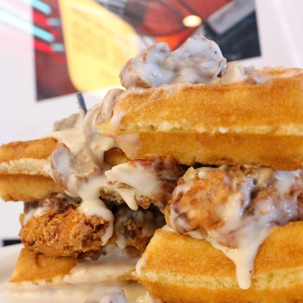 Chicken and waffles with gravy, a classic diner dish from Bel Aire Diner.